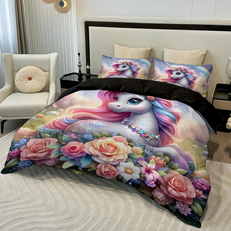 3PC Cartoon Unicorn Comfortable Bedding Set (1Duvet Cover+2Two Pillowcases) Polyester Fiber 3D Digital Printing