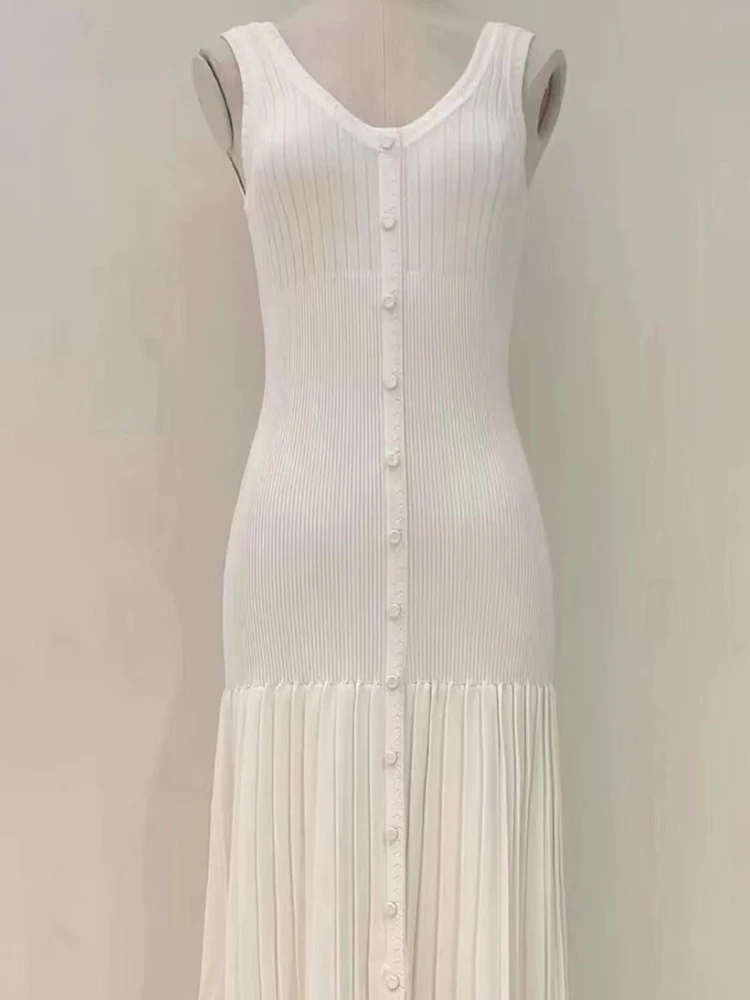 2025 Summer New White Sexy Deep V-Neck Tank Dress women Elegant Temperament Single-Breasted Splicing Pleated Long Robe Ladies
