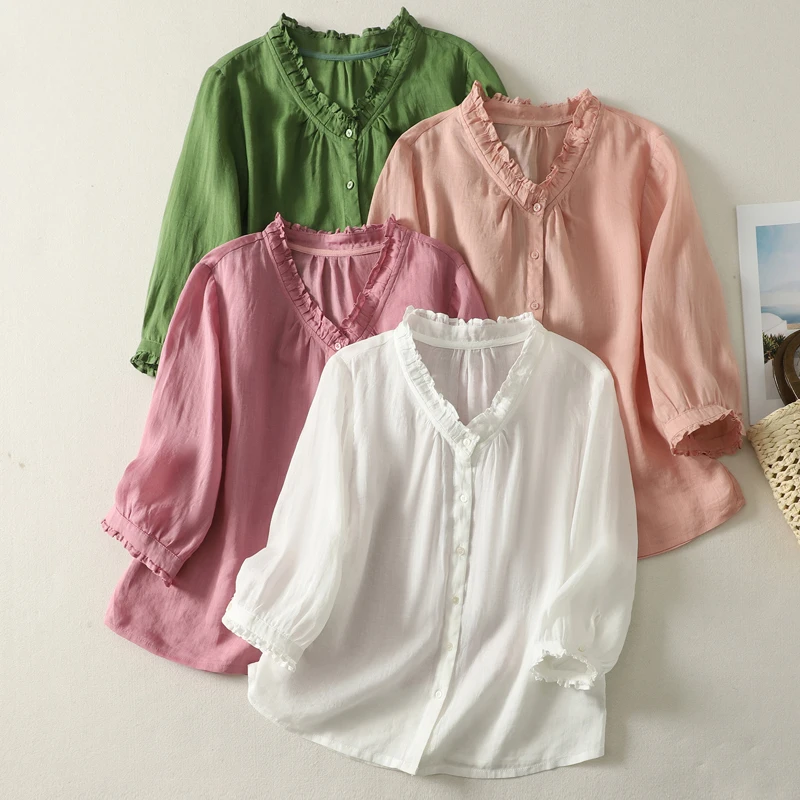 

Summer Short Sleeve Shirt Women's Vintage Art Pure Color Five-Button Thin Top Ear Mushroom Collar Short Length Open Cardigan