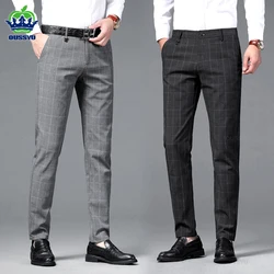 Brand Clothing High Quality Classics Plaid Work Stretch Pants Men Business Straight Black Grey Party Retro Formal Trousers Male