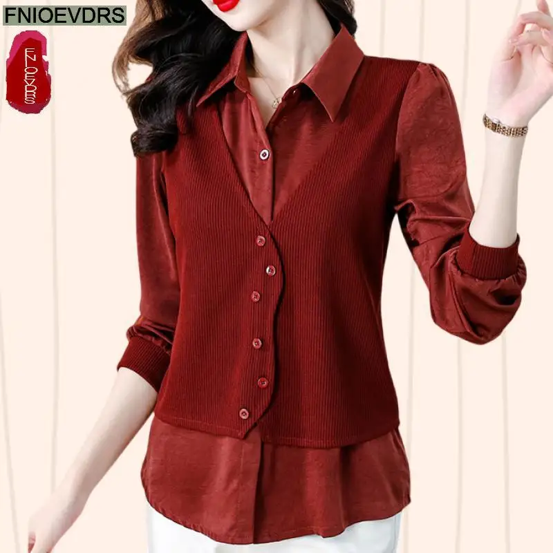 Patchwork Fake Two Piece Design Tops New Women Autumn 2024 Fashion Office Lady Elegant Retro French Tunic Button Shirts Blouses