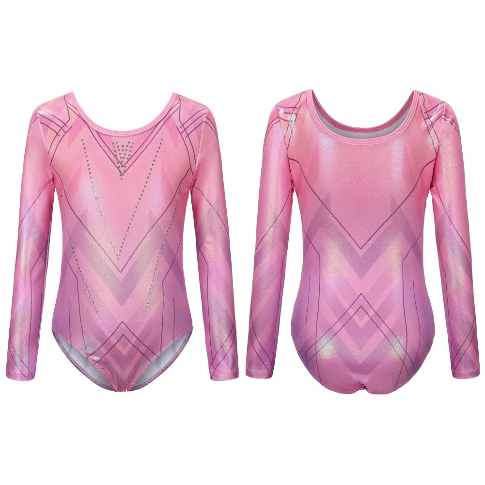 5-12 Years Child Long Sleeve Ballet Dancewear Kids Girl Gymnastics Leotards Unitard Jumpsuit Costume Shiny Rhinestones Bodysuit