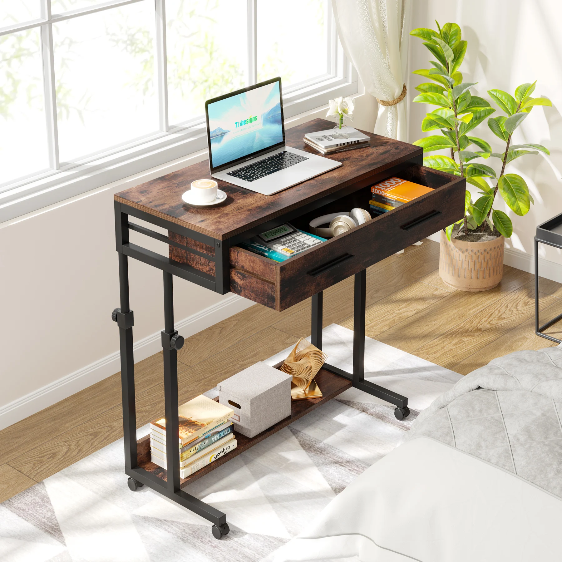 

Tribesigns Portable Desk with Drawers, Mobile Laptop Desk with Wheels, Sofa Side Table Small Portable Standing Rolling Table