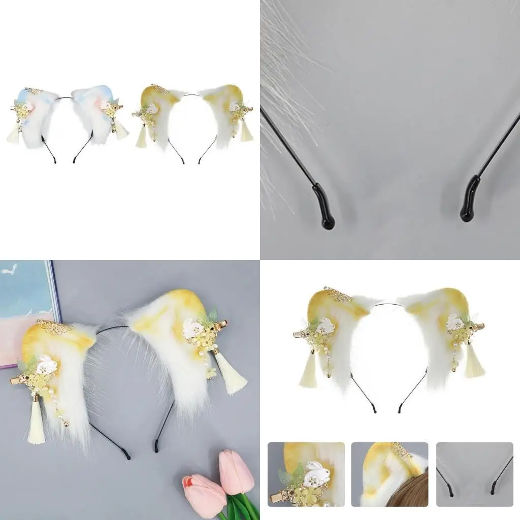 

39BB Fluff Wolf Ear Headwear Foxes Ears Headband Plush Hair Accessory Flowers Tassel Decorations Cosplays Accessories