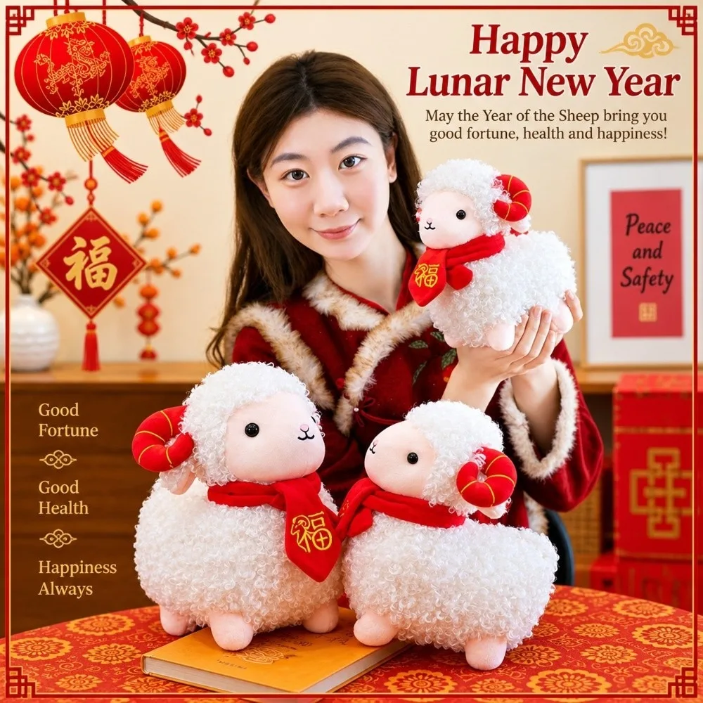New Curly-haired Sheep Plush Toy Soft Plump Sheep Year Plush Doll Throw Pillow with Scarf Lamb Stuffed Animal Gift for Children