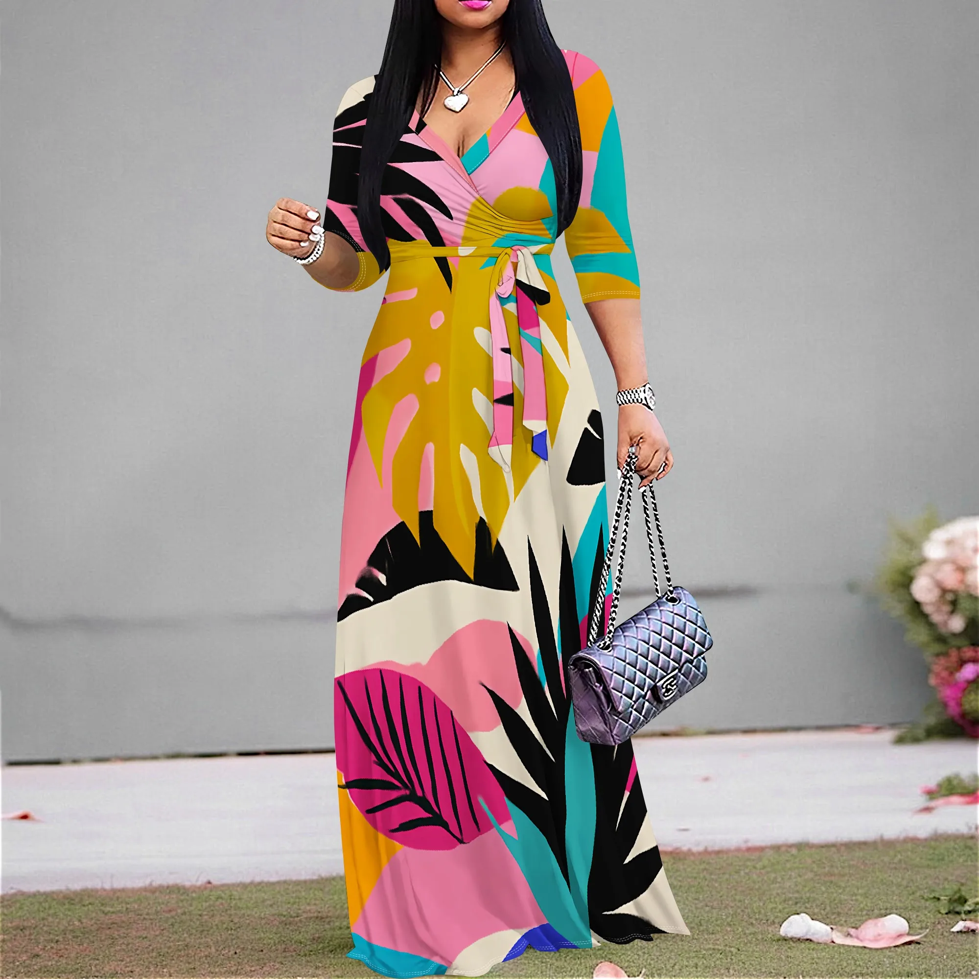 

Colorful Tropical Leaf Maxi Dress S-3XL V-Neck 3/4 Sleeve Wrap Style for Cultural Festival, Beach Vacation or Summer Party Look