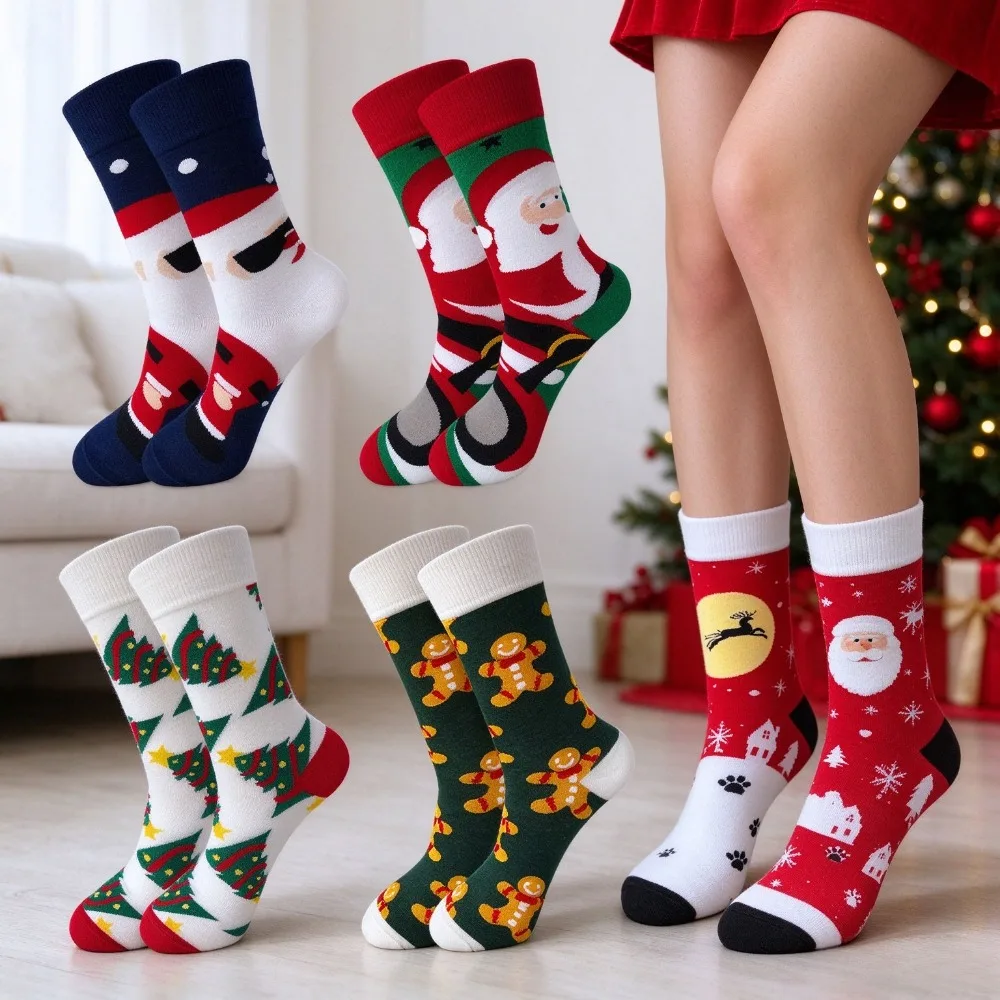Christmas Mid-calf Socks, Cartoon Snowman Elk Christmas Tree Pattern Festive Socks, Holiday Atmosphere Trendy Xmas Socks
