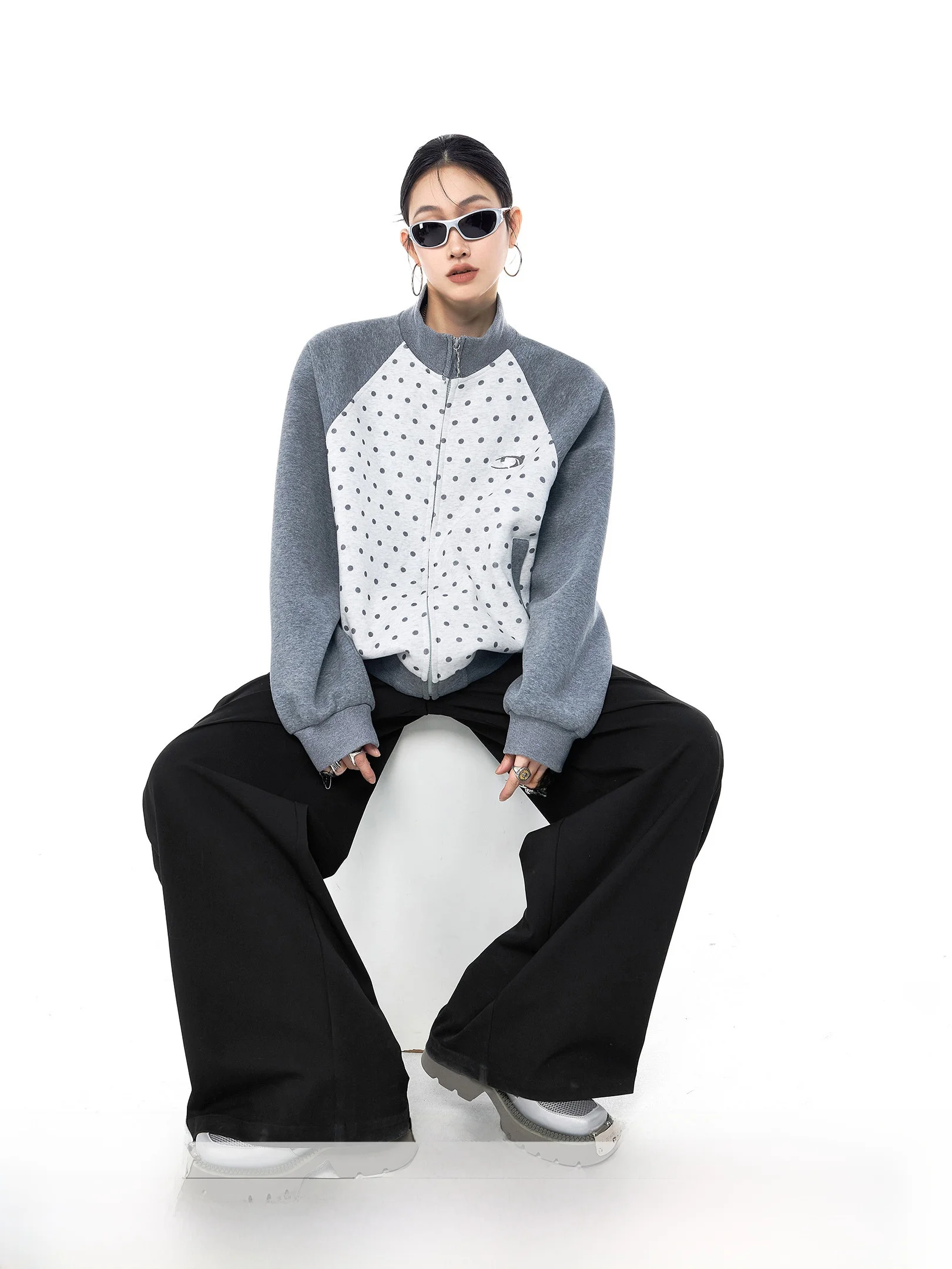 

American Style Loose Women's Cardigan Coat Spring 2026 New Wave Dot Print Long Sleeve Zipper Closure Casual Sportswear
