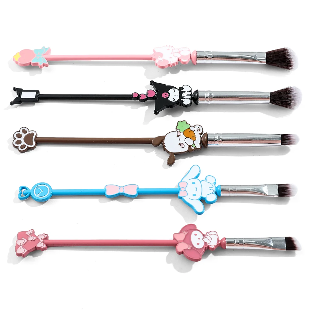 Sanrio Makeup Brush with Bag, Hello Kitty, Kuromi Melody, Cosmetics Blush, Eyebrow, Lip, Eyeshadow Brush, Beauty Tools, 5Pcs