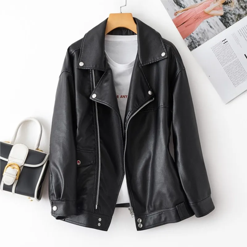 Faux Leather Jacket Women Casual PU Loose Motorcycle Jackets Female Streetwear Oversized Coat Korean Chic 2023 Spring Autumn