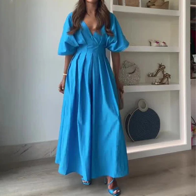 Robe plissée taille haute pour femme, col en V profond, robe de soirée élégante, manches mi-bouffantes, robe maxi, bleu, mode éducative, luxe, monochromatique