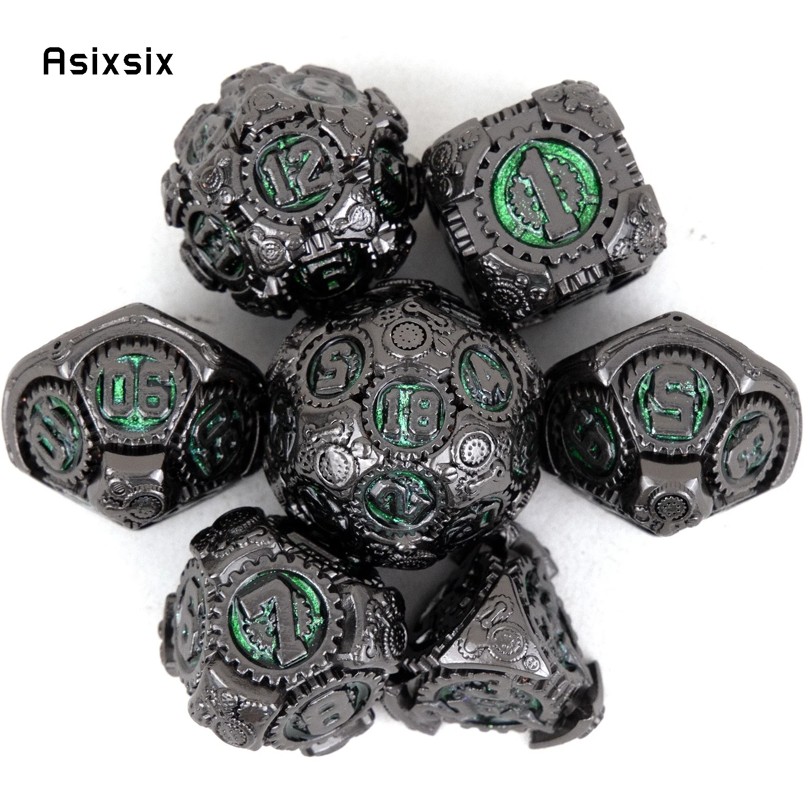 

7 Pcs Green Black Gear Wheel Metal Dice Solid Metal Polyhedral Dice Set Suitable for Role-Playing RPG Board Game Card Game