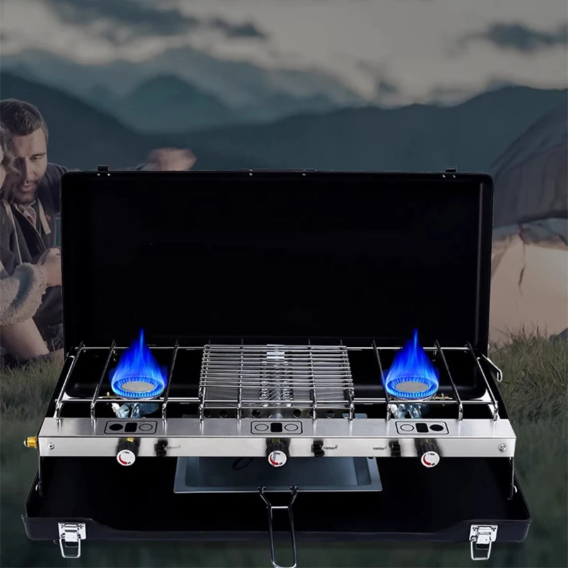 في الهواء الطلق موقد غاز مزدوج الموقد خزان الغاز الشواء موقد غاز شرسة النار مزدوجة الموقد كاسيت موقد طوي قوة النيران الكبيرة du