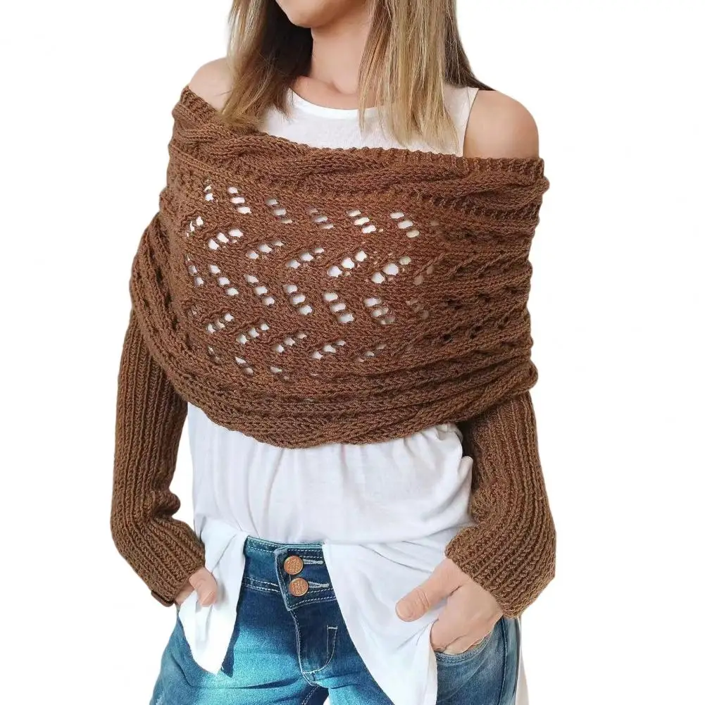 Women Knitted Shawl Scarf with Sleeves Solid Color Hollow Twist Crochet Pattern Shawl Scarf Bohemian Style Sweater Scarf