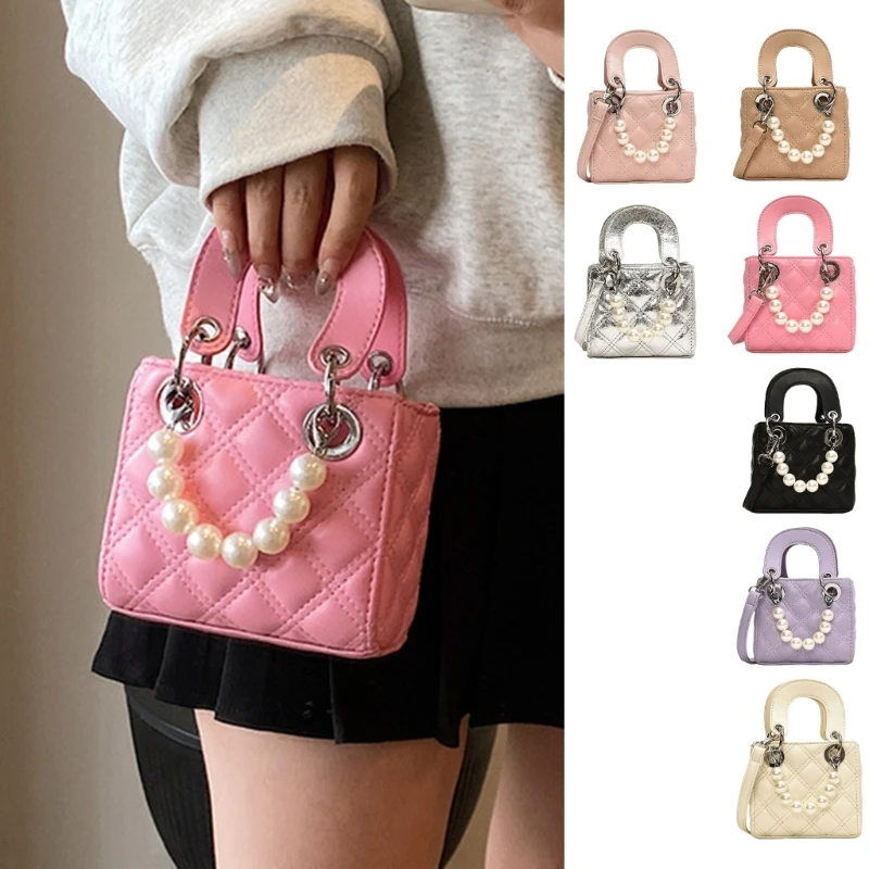 Women Pearls Crossbody Bag PU Leather Shoulder Bag Trend Quilted Bucket Bag Aesthetic Handbag Solid Color Bag