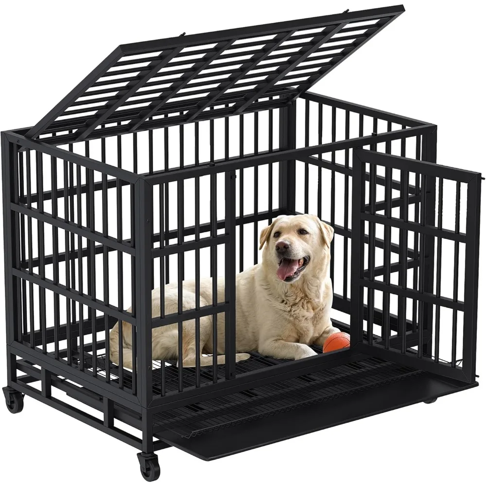

48 inch Heavy Duty Crates for Large Dog,Cage Kennel with Lockable Wheels, Double Door High Anxiety with Removable Tray, Black