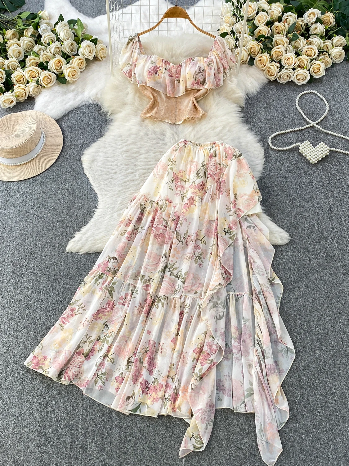 

Elegant Lace Print Splice Chiffon Blouse Set with Square Collar And Side Slit Long Skirt Korean Style Breathable Skin-Friendly