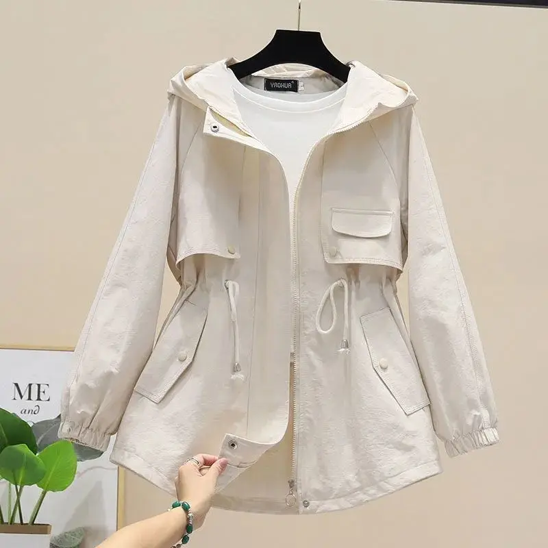 Spring Autumn Trench Coat Hooded Zipper Windbreaker Loose Casual Windproof Jacket Adjustable Waist Overcoat Female Coats Outwear