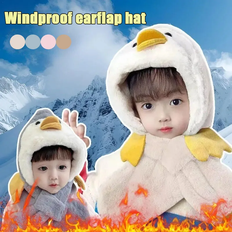 1-4PCS Cartoon Yellow Duck Fleece Lined Winter Hat Scarf 2 in 1 Earflap Warm Hood for Toddler Kids Boys Girls Windproof Earflap