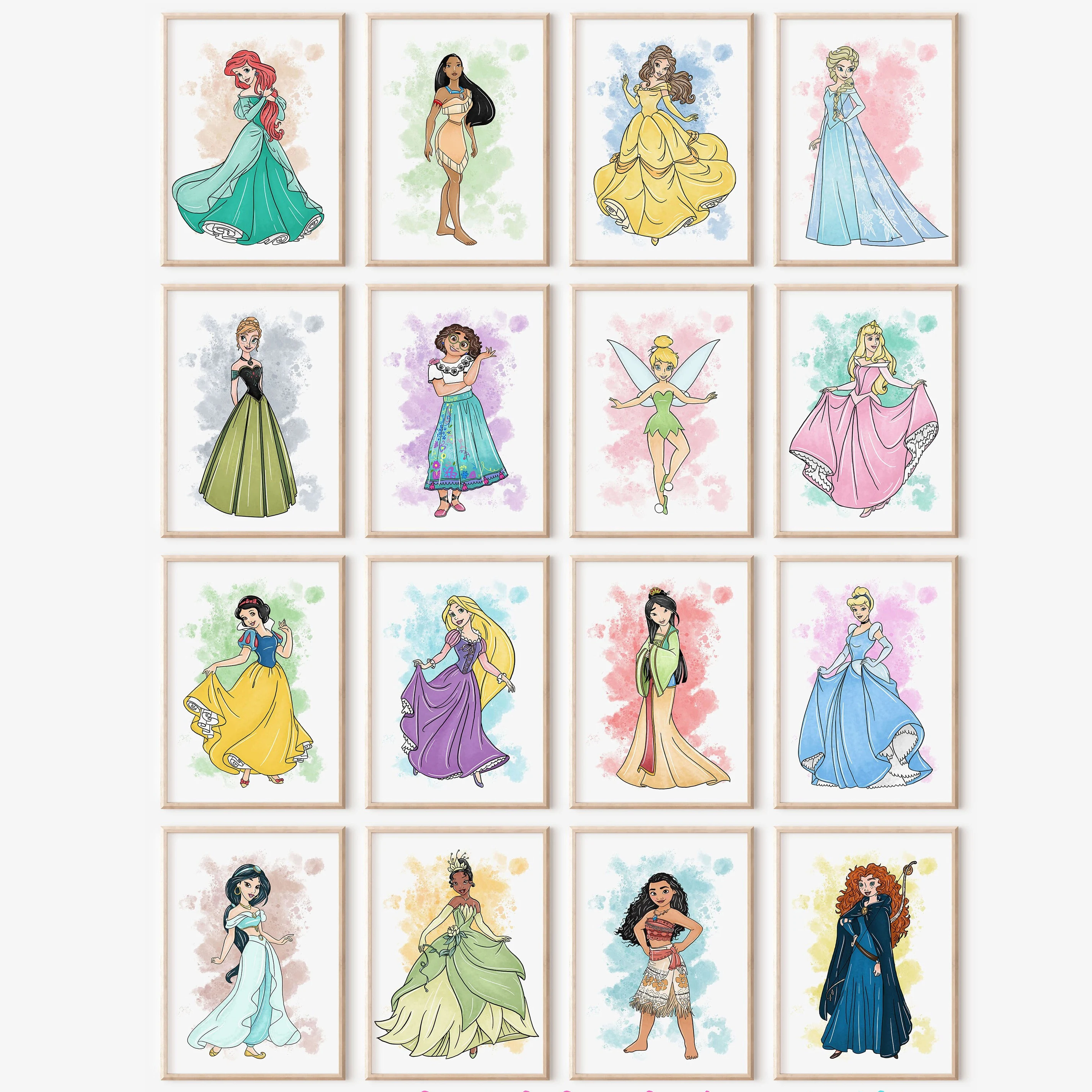 

MINISO 16 pieces of Disney Princess inspired wall art Princess theme kids room decor Disney Princess style wall art home decor