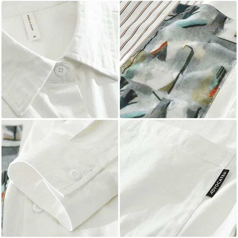 

Весенне-летняя новая мужская рубашка с длинным рукавом, корейская модная уличная одежда, лоскутная рубашка с принтом, мужская повседневная белая рубашка из 100% хлопка, мужская
