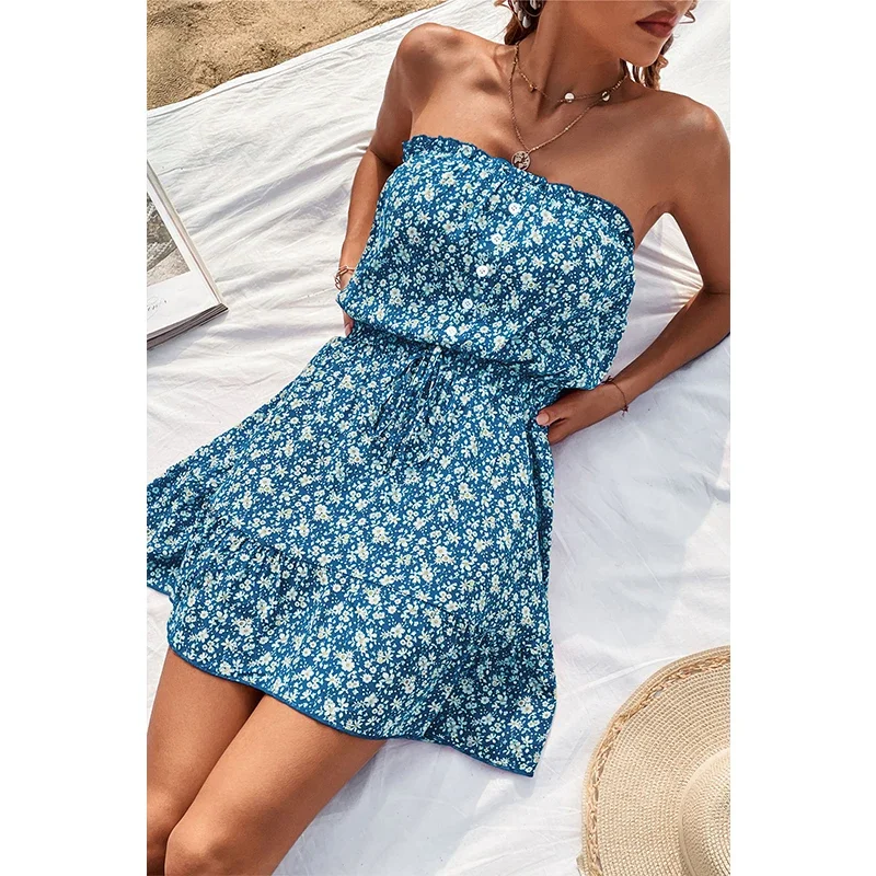 YEMOGGY Elegant Floral Print Dress for Women Summer Dresses 2024 New Casual Single Breasted Lace-up Sexy Bandeau Mini Dress