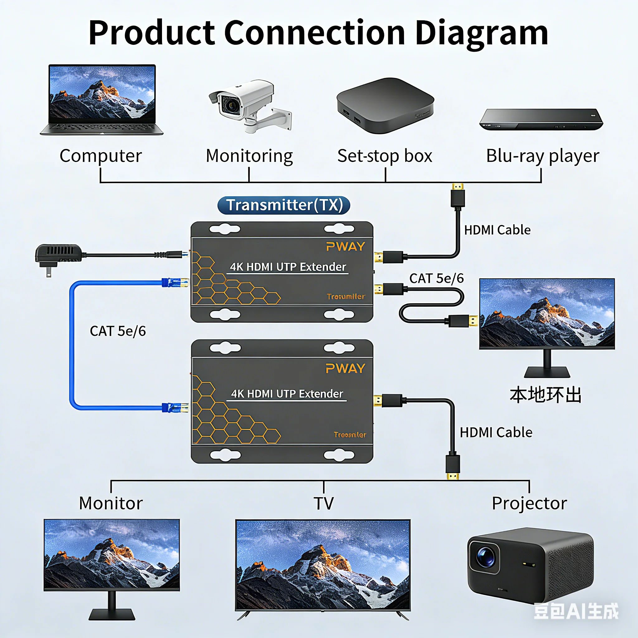 Przedłużacz HDMI 4K przez kabel sieciowy Cat5e/Cat6 - Zasięg do 70m/230ft, obsługa POC i IR — zdjęcie produktu 3