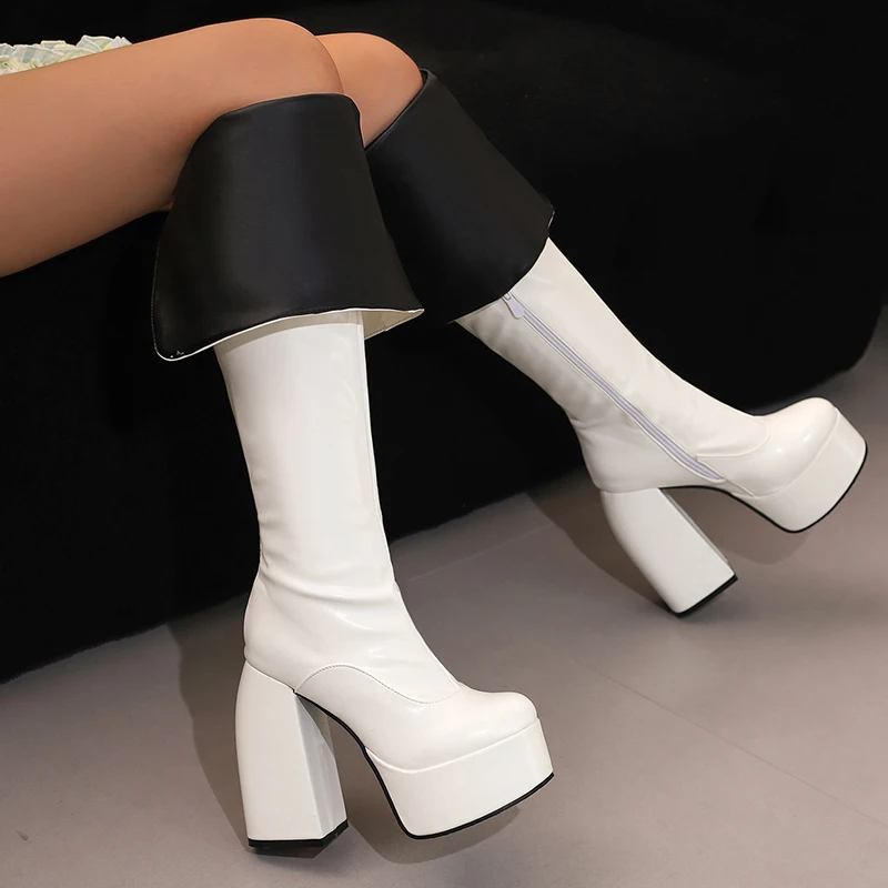 Plus Size Round Toe Platform Ultra-High Thick Heel Zipper Women\'s Long Boots Plush Interior Over The Knee High Boots