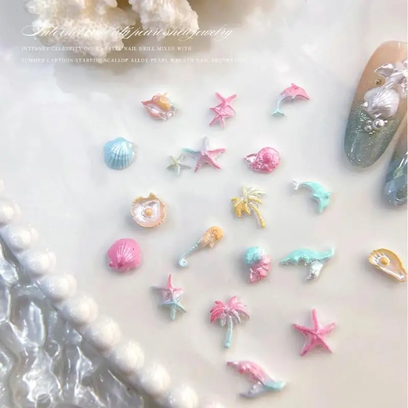 【Peace】50PCS Ocean Series Glossy Colorful Shell Starfish Conch Fishtail Resin Nail Art Rhinestones Jewel Decor Manicure Ornament