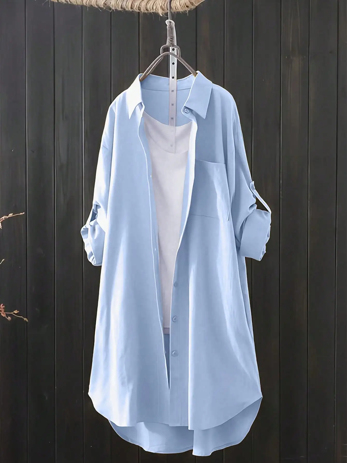 Blusa informal de talla grande 1XL-5XL con botones de Color sólido para mujer, camisa a la moda con mangas enrolladas y cuello vuelto