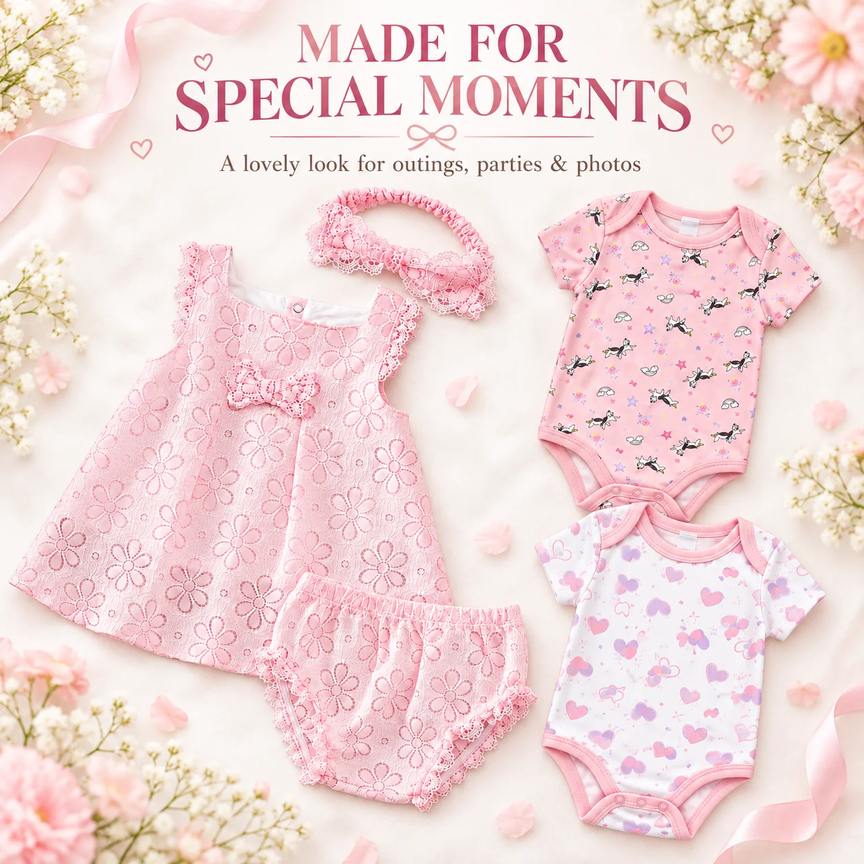 8Pcs Baby Girl Clothes Set Short Sleeve Bodysuits ＆ Pink Floral Lace Dress Set with Bloomers and Bow Headband 6-12M