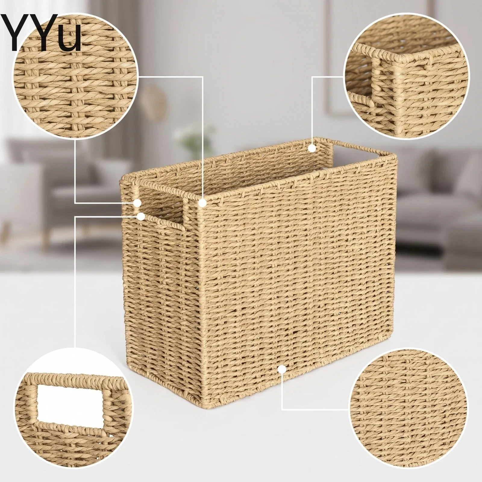 Paper Rope Basket Handwoven Woven Basket with Handles Handmade Functional for Shelves, Closet