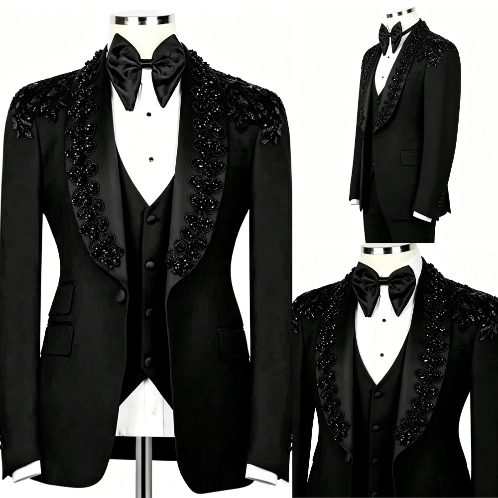 Luxury Black Shawl Lapel Men's  Tuxedo with Black Sequin Floral Embroidery Stage Prom Suit Jacket Vest and Bow CustomizedM264612