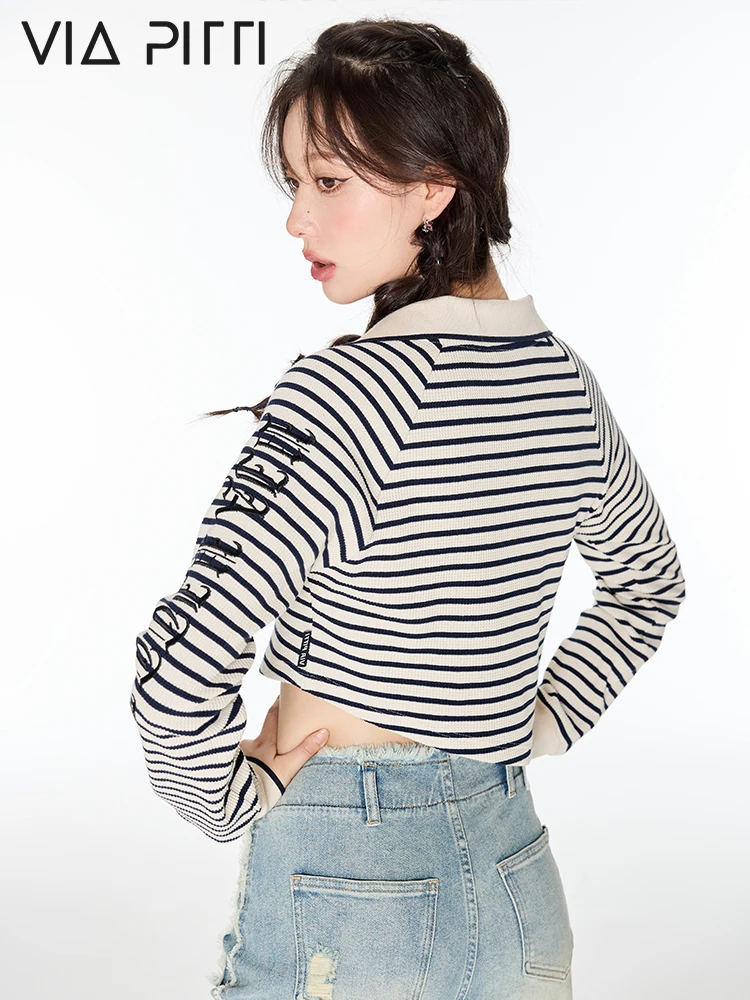 Pullover Sweater Women's Loose Casual Striped Stitching Fashion Versatile New Niche Design Lapel T-shirt Thin Spring and Autumn