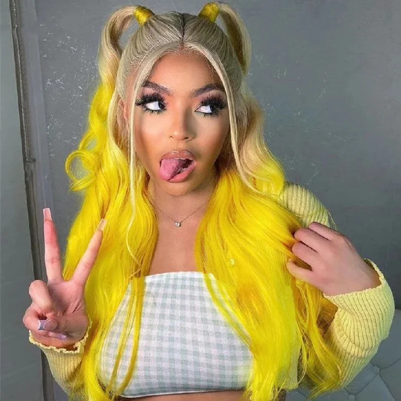 

13x4 lace remy wig 150% density long body wave human hair wig for women 20inch 613 yellow color human hair wig cospaly party use
