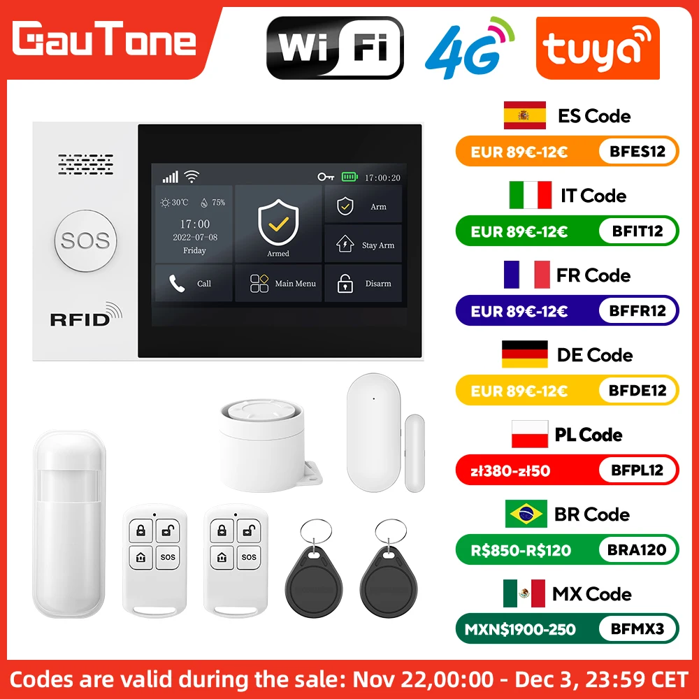 GauTone PG107 WiFi 4G Alarm System for Home Security with PIR Wireless Solar Siren Support Tuya Remote Control