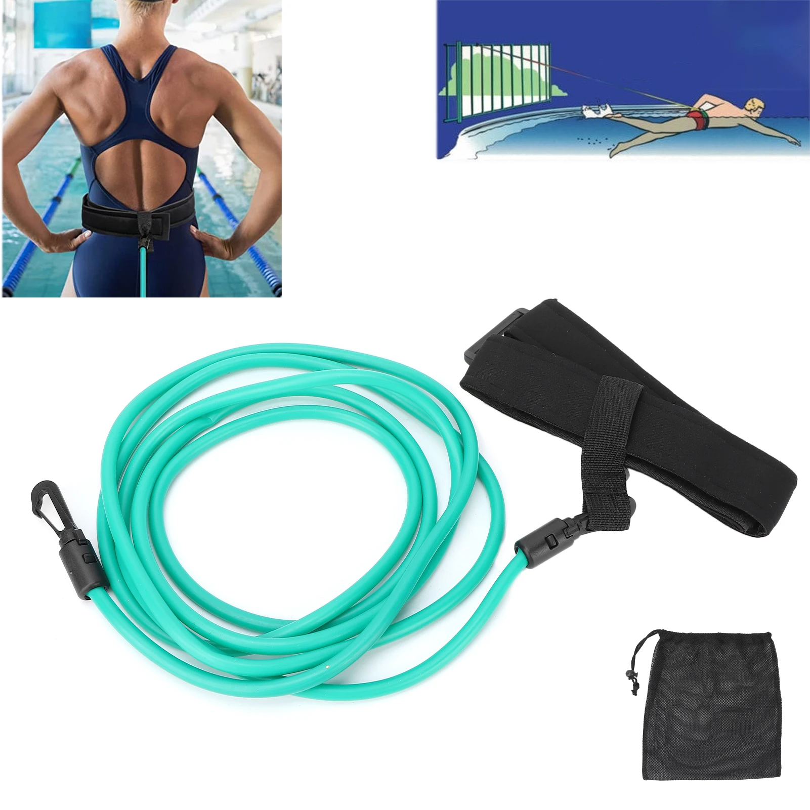 

Swim Training Resistance Belts Aquatic Swimming Stationary Cords Bungee Leash Green