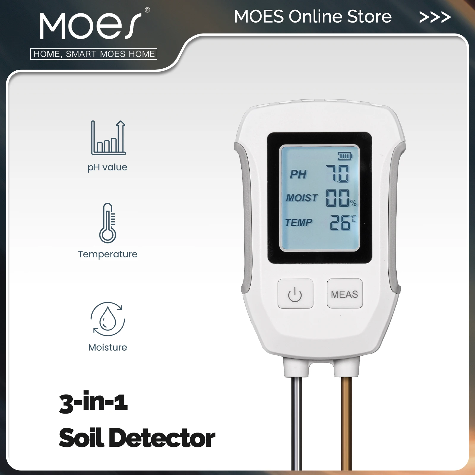 MOES 3 in 1 Soil PH Detector Tester LCD Screen Thermometer Temperature Moisture Meter For Gardening Flower Potted Plantation 