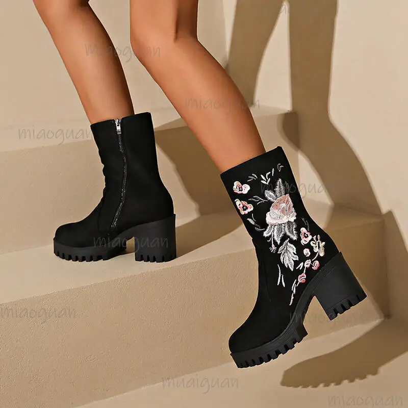 Luxury Embroidery Floral Black Suede Ankle Boot for Women Autumn Short Boots Elegant High Heel Side Zip Botines Zapatos De Mujer