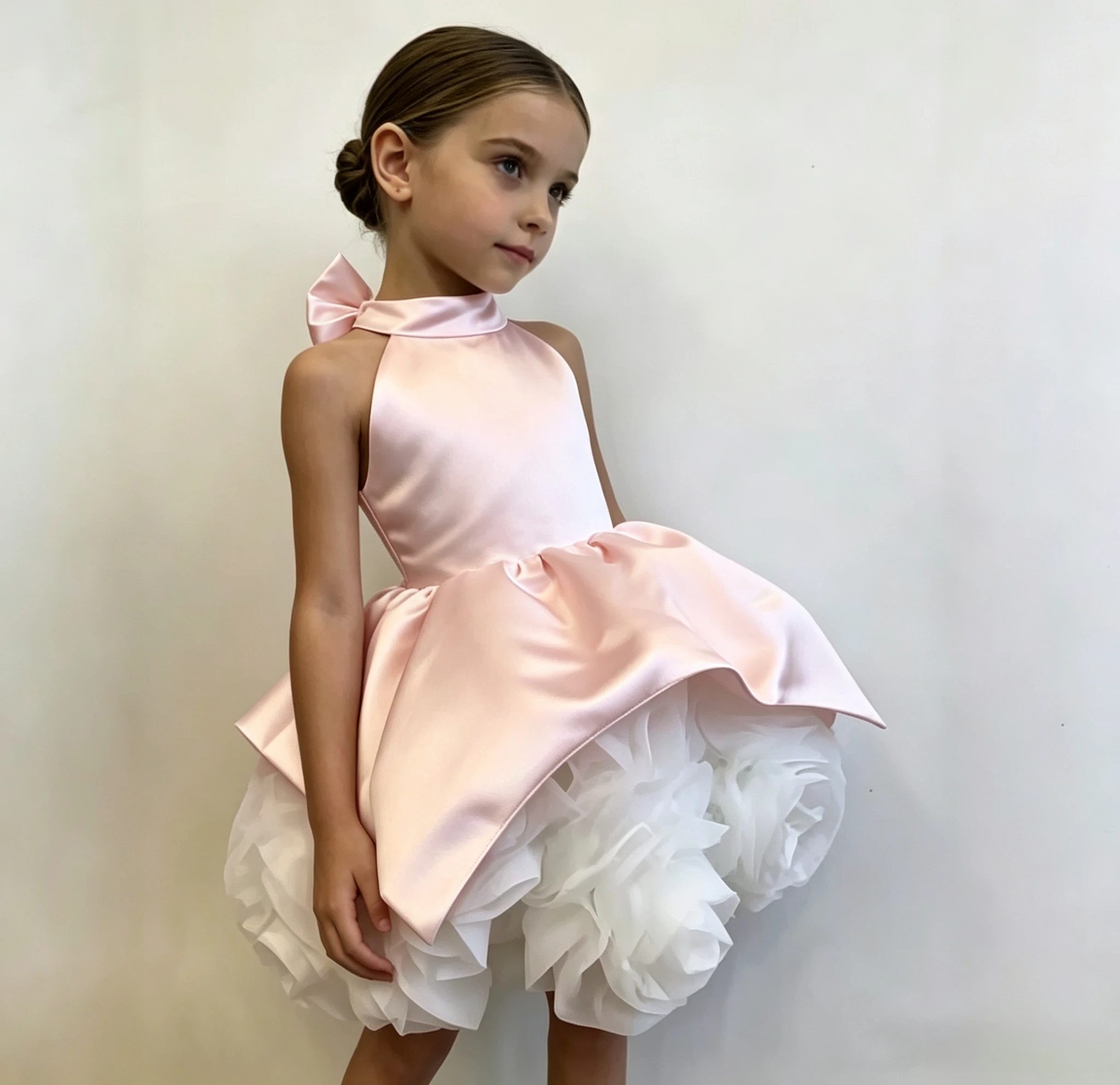Elegant Satin Kids Party Dress Halter Neck Bow Back Cage Strap Asymmetric Peplum 3D Rose Tulle Skirt Girls Birthday Pageant Gown
