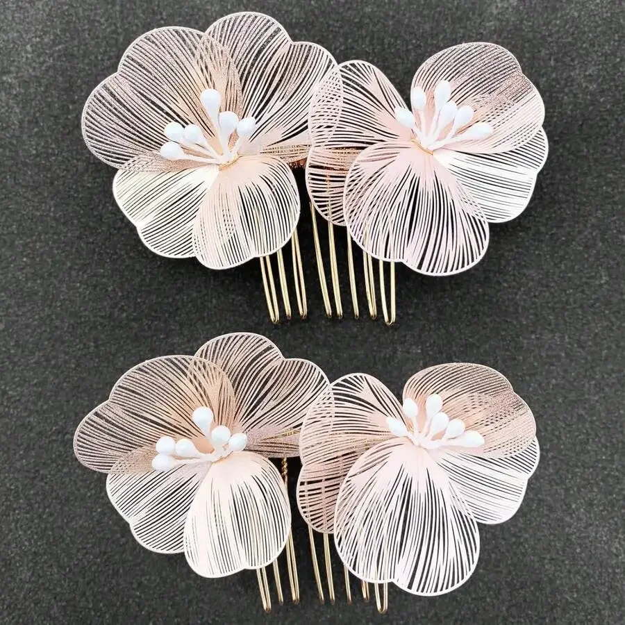 

Metal Flower Hair Combs Set Of 2 For Women Wedding Bridal Accessories Pink
