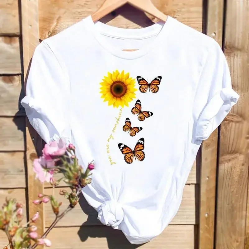 Butterfly Printing Women's Short-Sleeved T-Shirt Summer Fresh Printed Butterfly T-Shirt High-Quality Women's Shirt Short-Sleeved