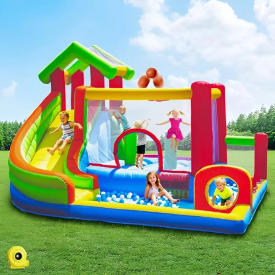 

Mega Bounce House с горкой Надувная игровая площадка 7-в-1 для детей от 3 до 10 лет Giant Jump Area Ball Pit Баскетбольное кольцо Commercial-Gra