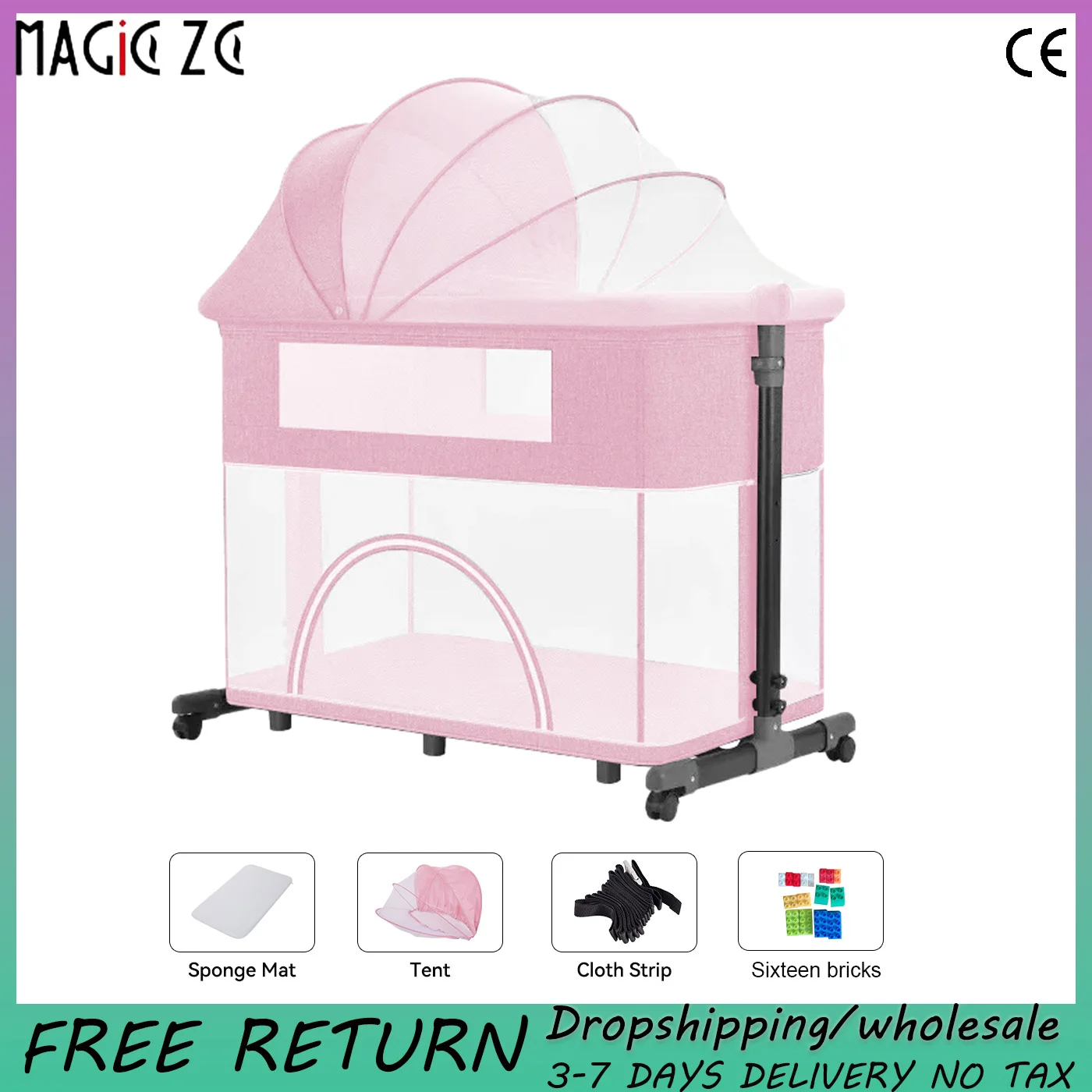 

Складная детская кроватка-манеж на колесиках с корзиной для хранения, регулируемая по высоте в 3 положениях, с защитой от захлебывания, со съемным моющимся матрасом