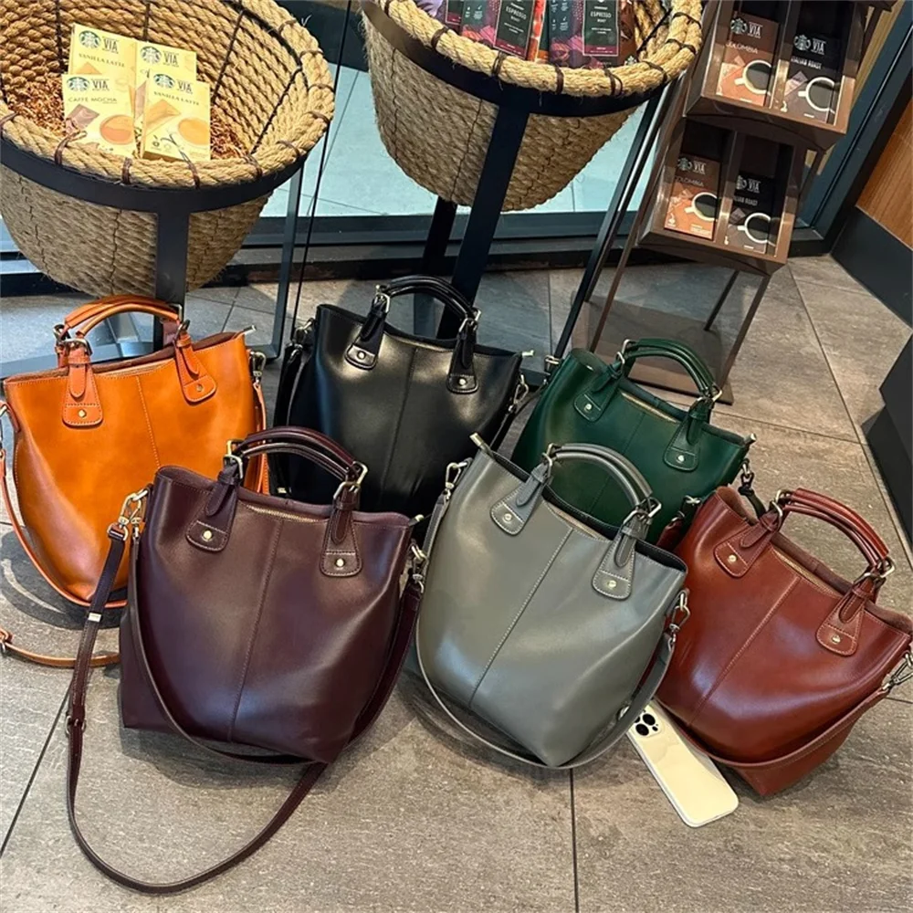 Zency 100% Genuine Leather Women Tote Bag Large Brown Handbag Retro Bucket Bag Classic Lady Crossbody Messenger Purse For Work