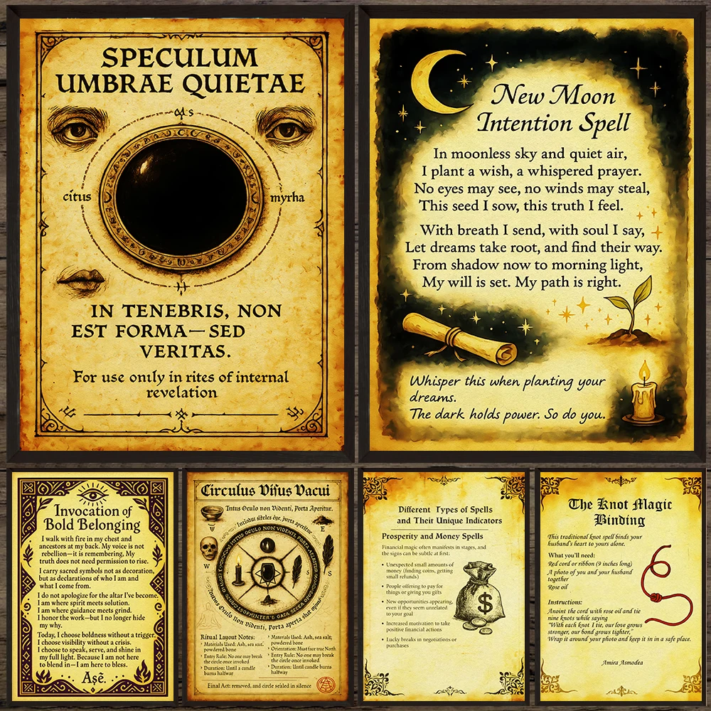 Vintage Antique Parchment Witch Spell Canvas Wall Art,Herbal Magic Recipe Binding Knot New Moon Intention Art Poster Print Decor