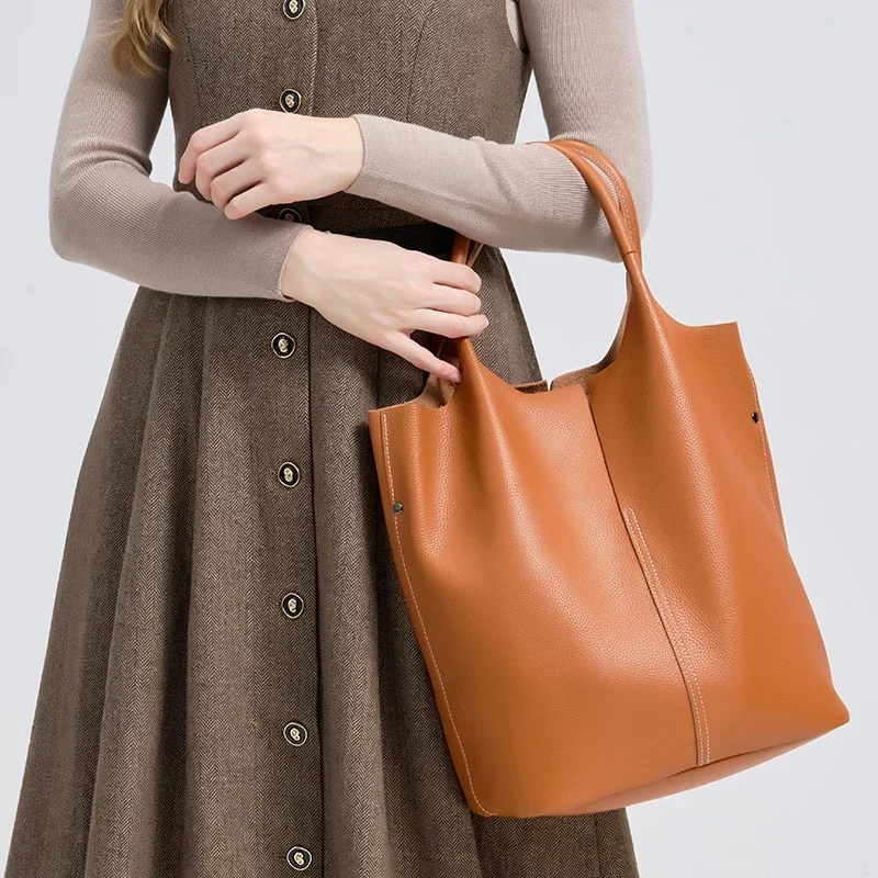 

Ladies Soft Cowhide Luxury Designer Bucket Bag Women's Classic Genuine Cow Leather Shoulder Bags Female Large Capacity Handbags