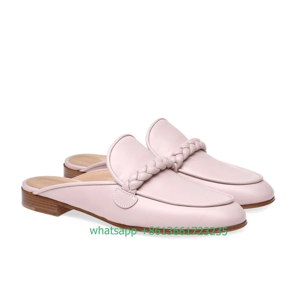 

Black/pink PU Flat Slippers Slip On Weave Round Toe Shoes Outside Fashion Simple Women Flat Sandals 2025 Summer New Comfy Shoes