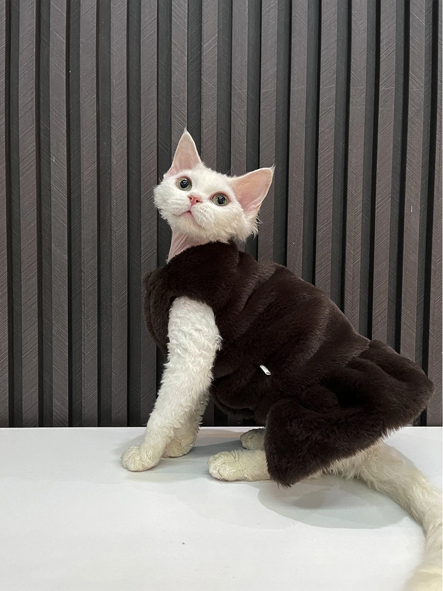 Winter Fleece Sweatshirt Vest for Sphynx Cat Warm Sweet Brown Dress for Kittens Soft Short Sleeves Thick Jacket for Devon Rex