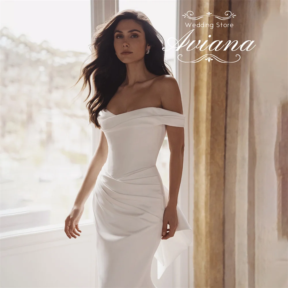 Aviana مخصص قبالة الكتف قطار الاجتياح الكشكشة الظهر القوس حورية البحر فستان الزفاف طول الأرض قارب الرقبة عارية الذراعين زر بسيط